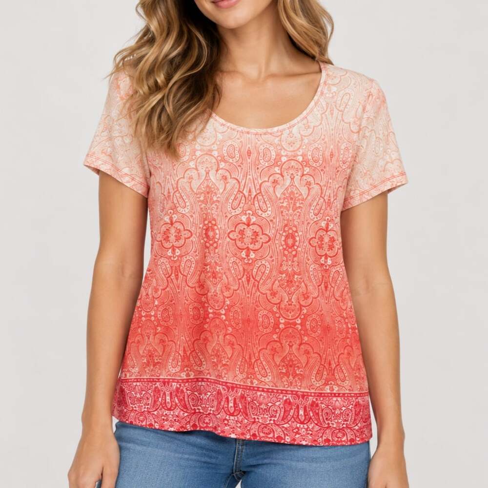 Chico's Paisley Ombre Short Sleeve Scoop Neck T-Shirt Coral Pink